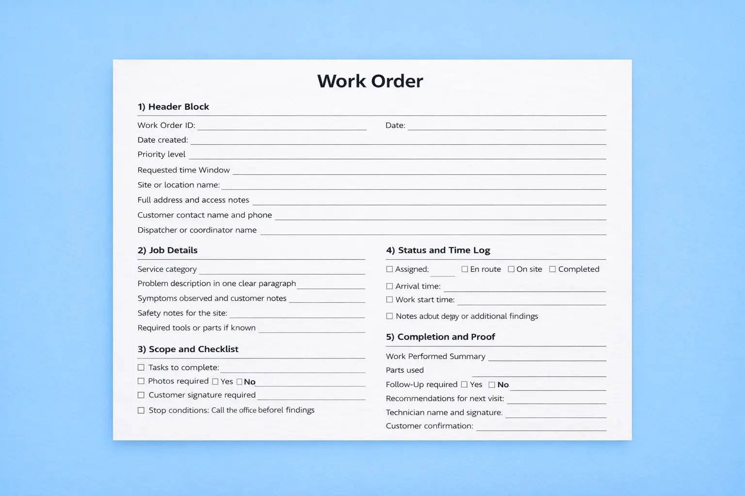 Әрбір тапсырманы айқын ететін жұмыс тапсырысы үлгісі