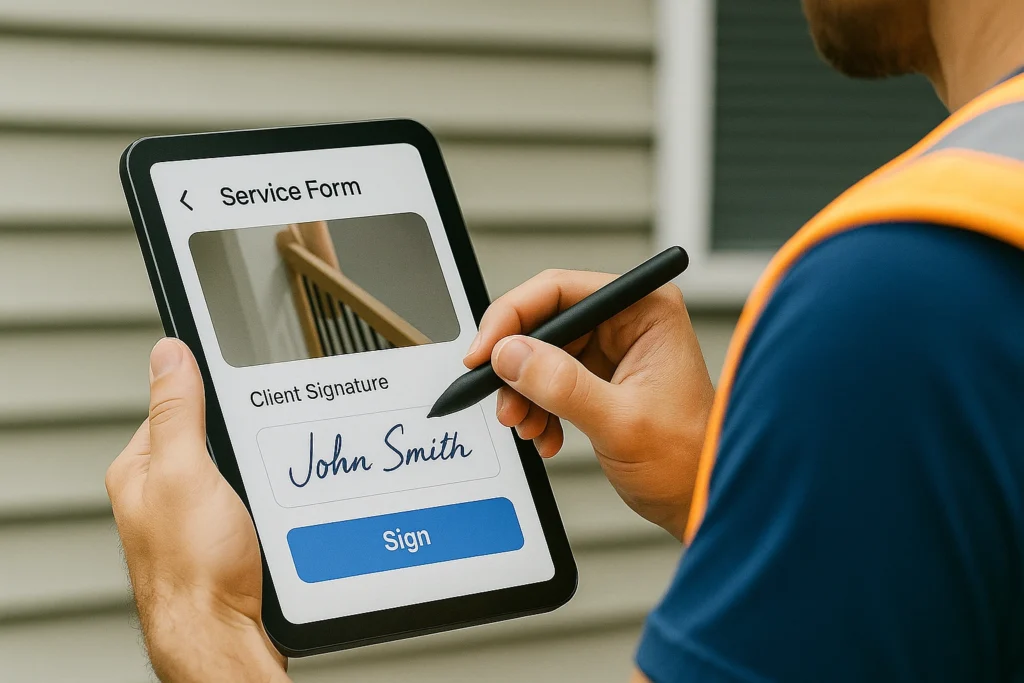 Technician signing digital service form on tablet using Shifton field service app.