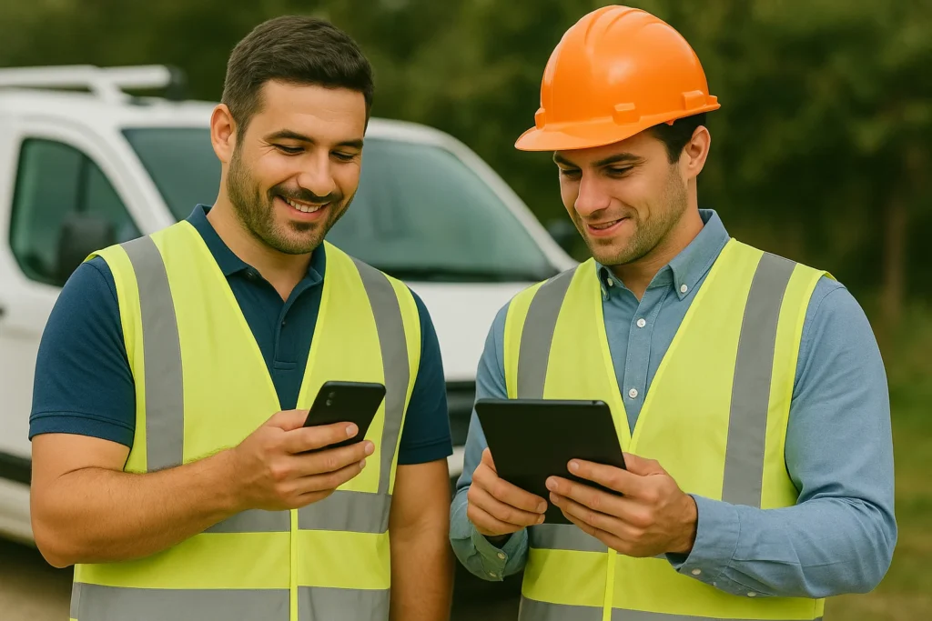 Technicians using mobile devices to sync work data with Shifton field service app.
