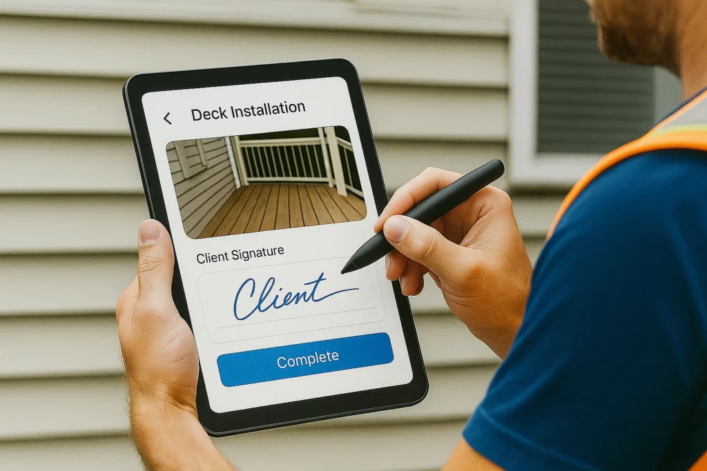Field worker signing job completion on a tablet using the Shifton mobile app.