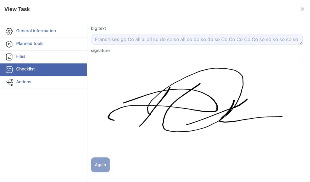 Technician signing a digital job form on a tablet interface
