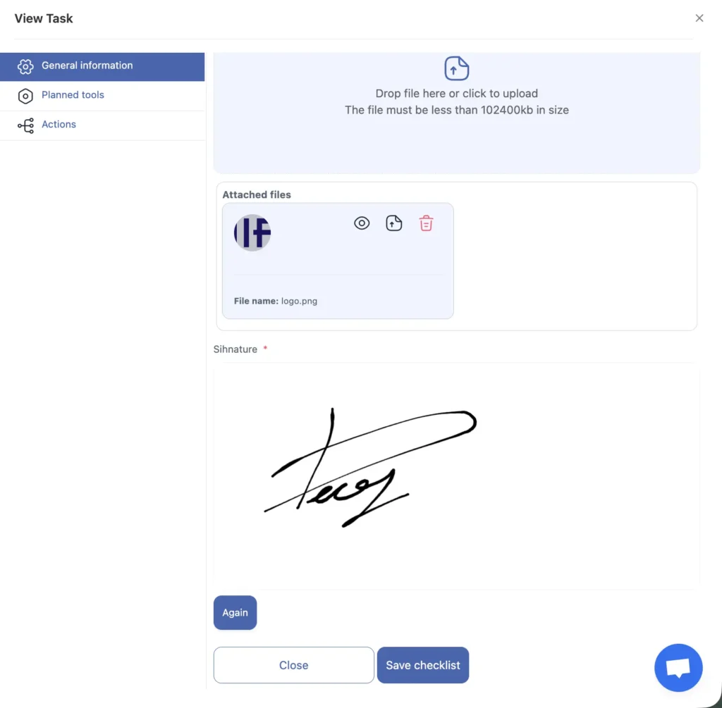 Digital job form with an electronic signature captured in Shifton.