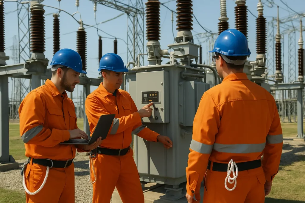 Three utility electricians in safety gear working at an electrical substation
