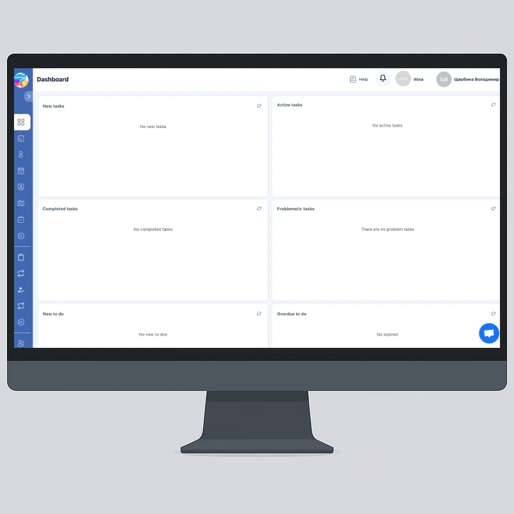 Shifton field service dashboard displayed on an iMac-style screen with task status widgets