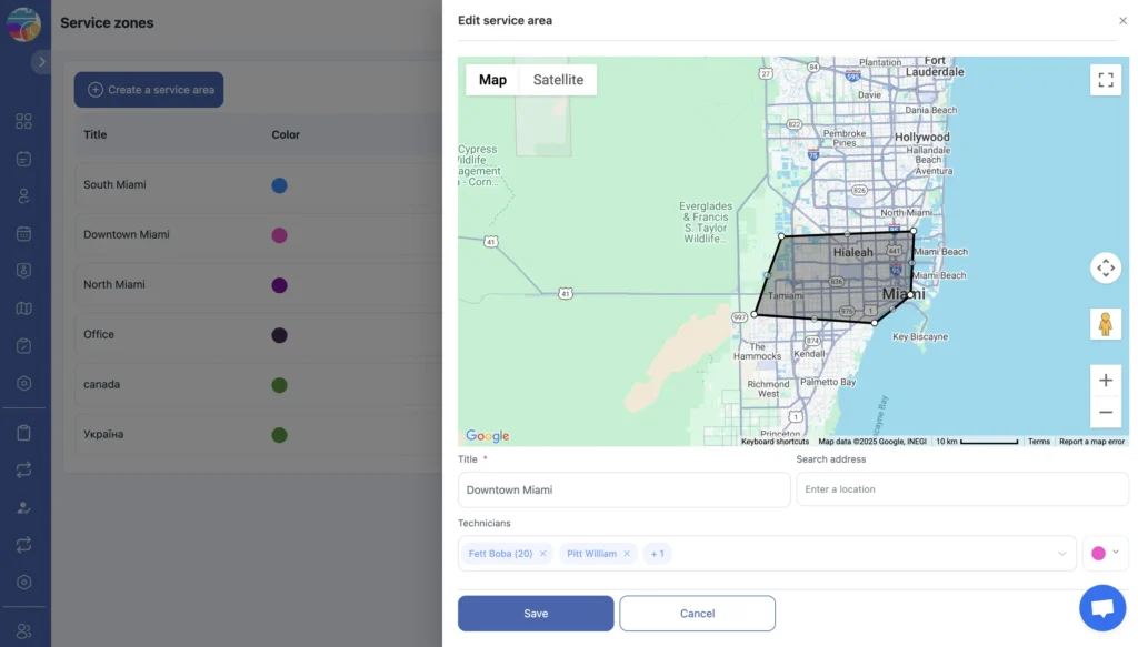 Service area map with defined work zones and coverage regions in Shifton.