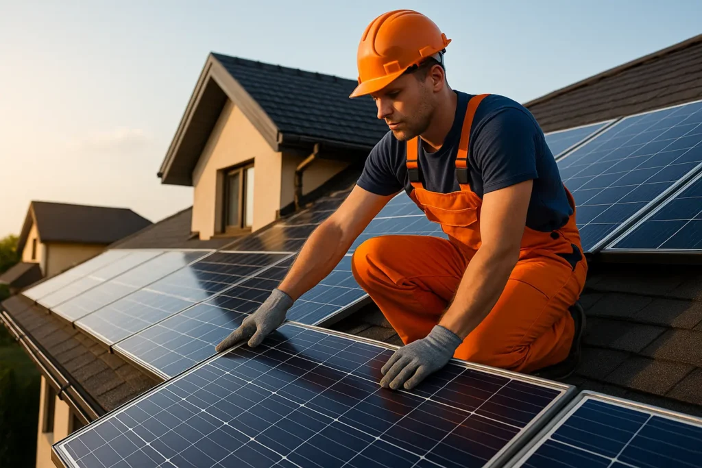 Technician installing solar panels on a house roof