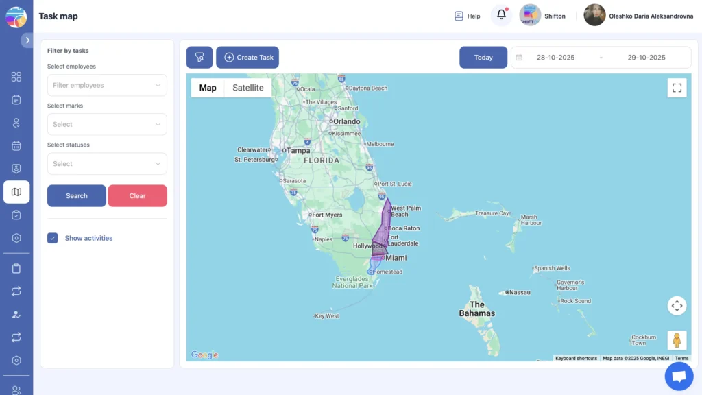 Live task map showing a field technician’s travel route in South Florida and Miami area