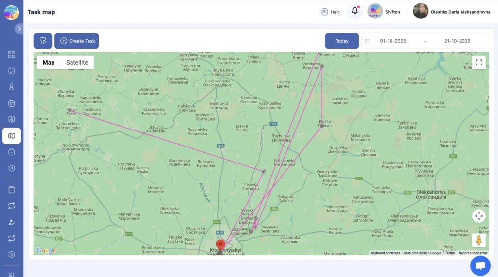 Map view showing live GPS tracking of a field technician traveling across Ukraine, with route and stop markers