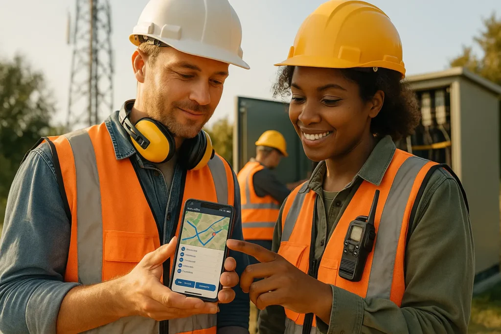 Two telecom technicians check work orders on a phone near a cell tower