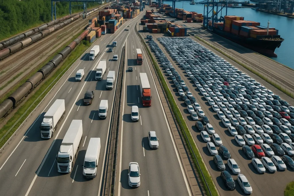 Highway with trucks and cars next to a logistics port and parked vehicles, representing transportation and freight flow.