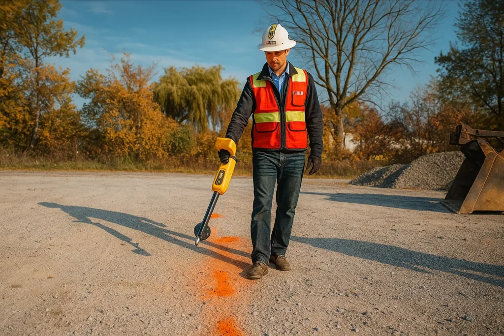 Utility worker marking underground service line with a locator on a job site