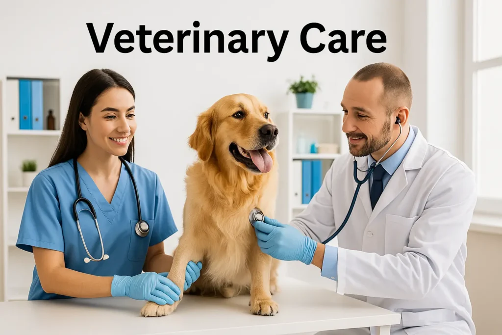 Veterinarian team examining a happy golden retriever in a clinic