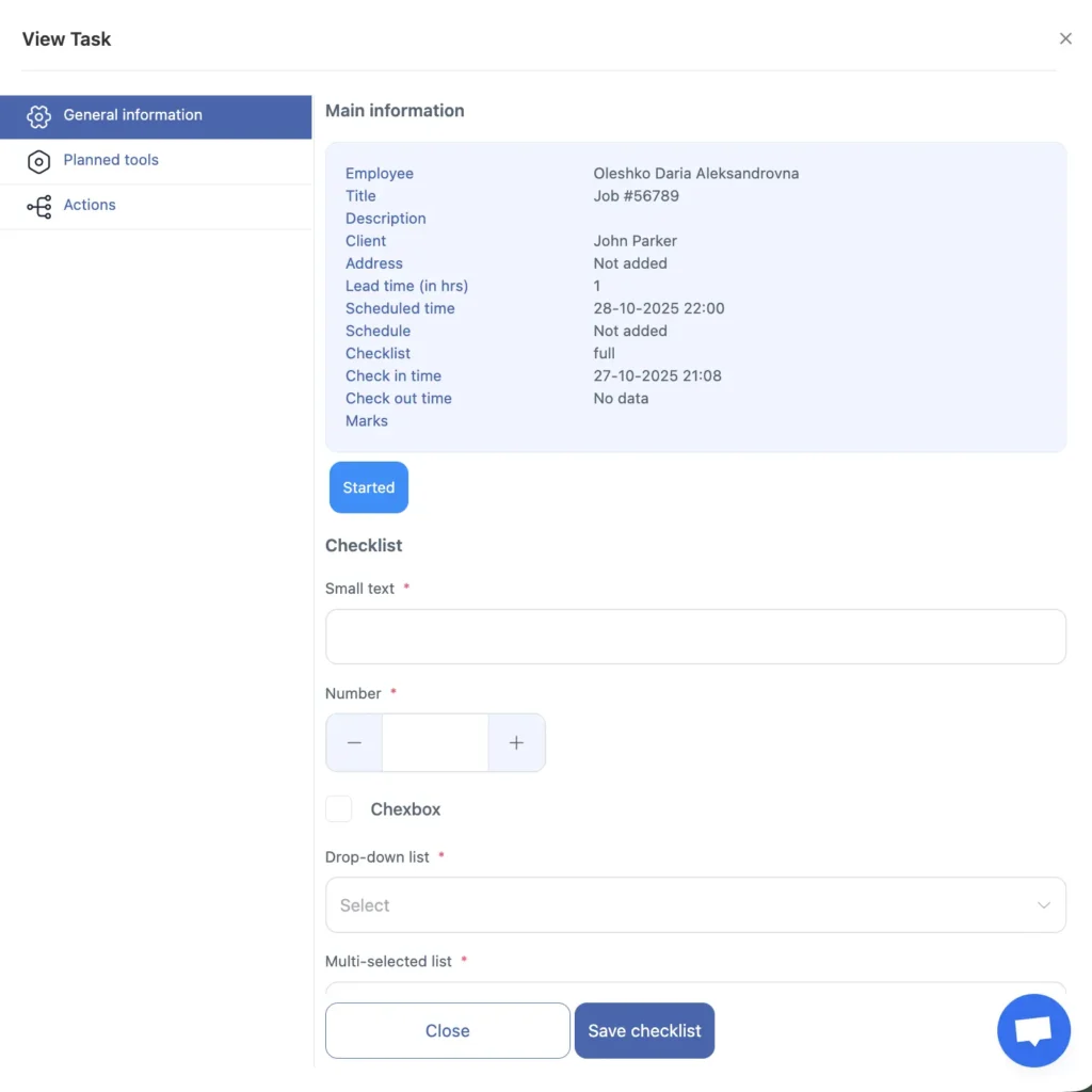 Task details screen in Shifton showing job info, status, and checklist