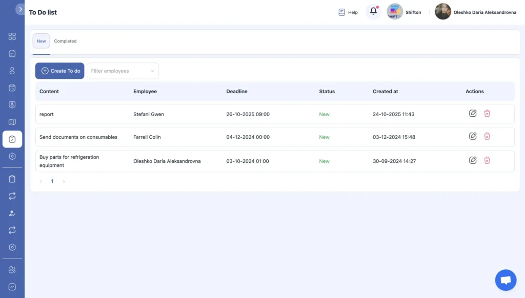 Work order ticket history list showing job ID, status, assignee, and timestamps inside Shifton.