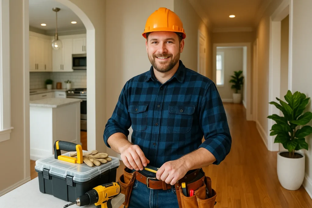 Handyman using a power drill inside a house, wearing a tool belt and cap while performing repair work.
