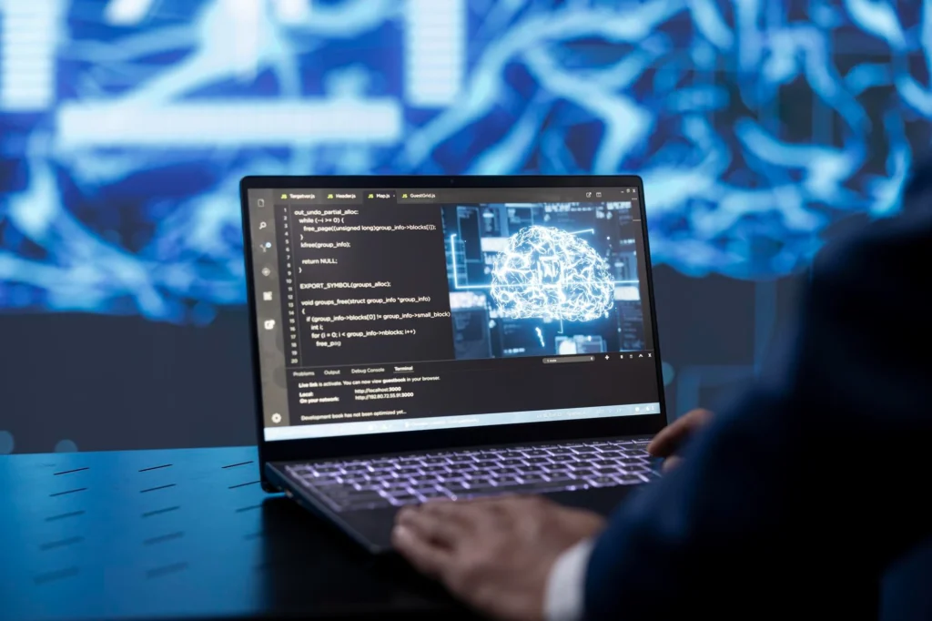 A man using a laptop with Shifton integrations icons including Google Drive, Slack, Dropbox, Shopify, and Zapier displayed on the screen.