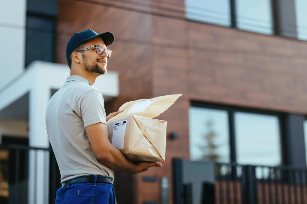 Delivery worker unloading cardboard boxes from a van on a city street, preparing for package drop-offs.