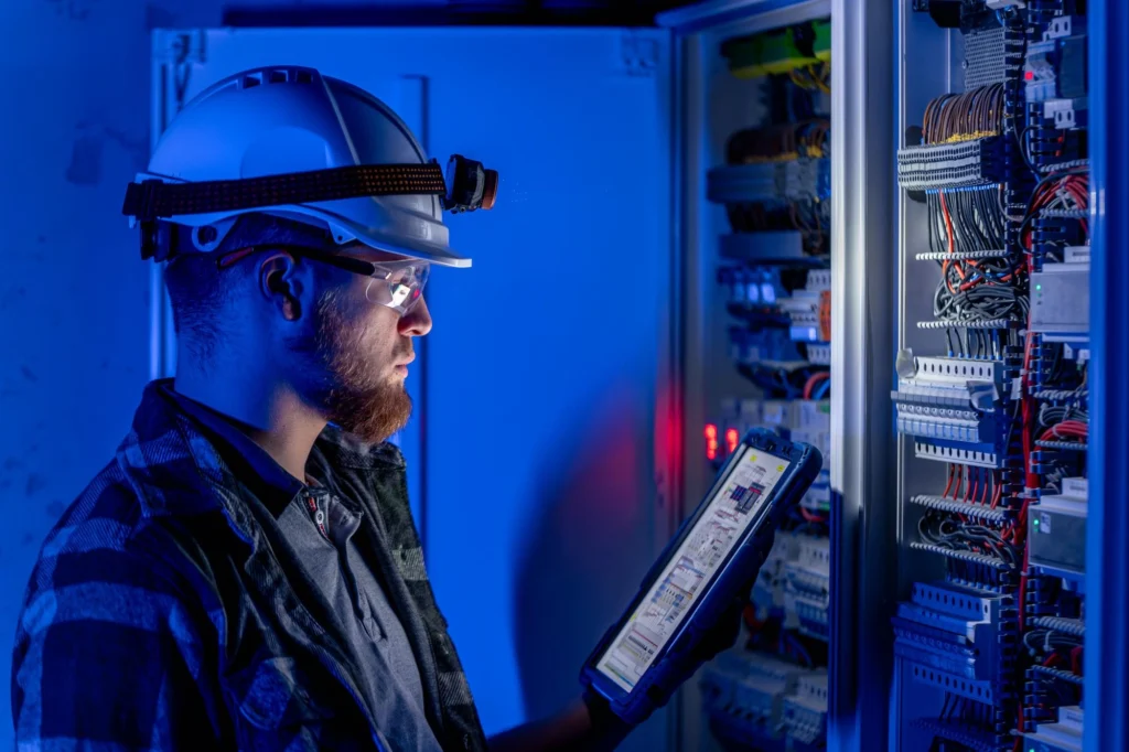 Three utility electricians in safety gear working at an electrical substation