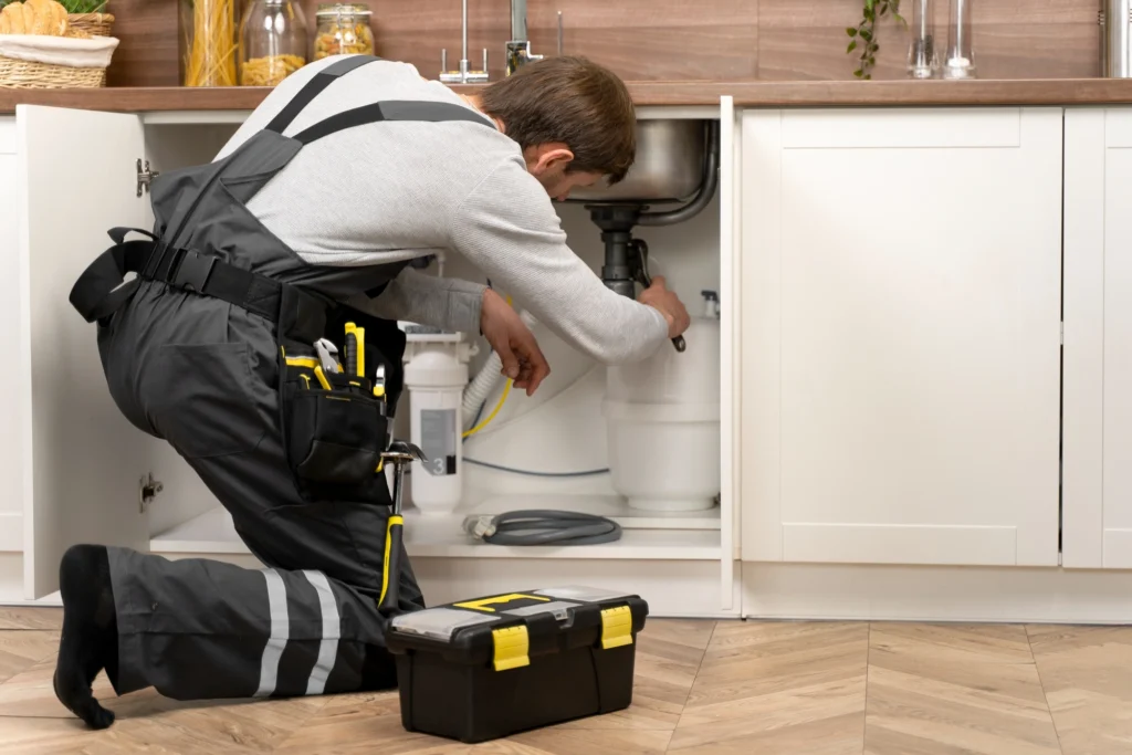Professional plumber inspecting and repairing a heating or water system using gauges and tools, wearing a navy uniform and cap.