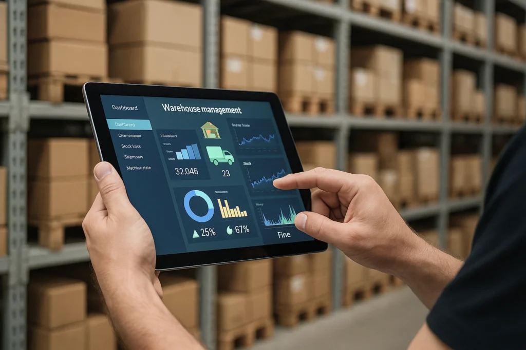 Warehouse manager using a tablet to track inventory levels with boxes on shelves in the background, representing Shifton’s Inventory and Warehouse Management system.