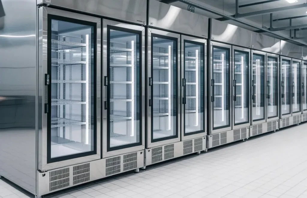 Two HVAC technicians standing in front of a service van, holding tools and smiling, representing professional refrigeration and air conditioning repair services.