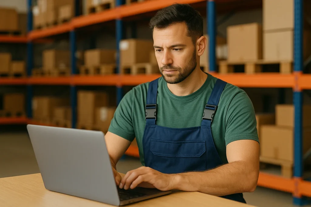 Warehouse worker in blue overalls using a laptop
