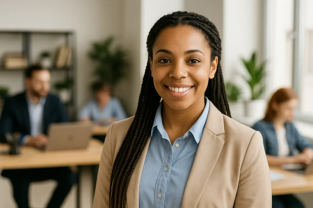 Confident businesswoman smiling in a modern office environment with team working in the background.