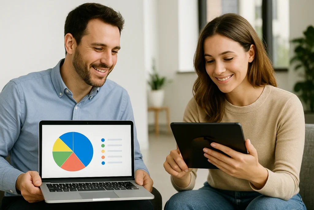 Two colleagues reviewing analytics on a laptop and tablet with a colorful pie chart displayed on the screen
