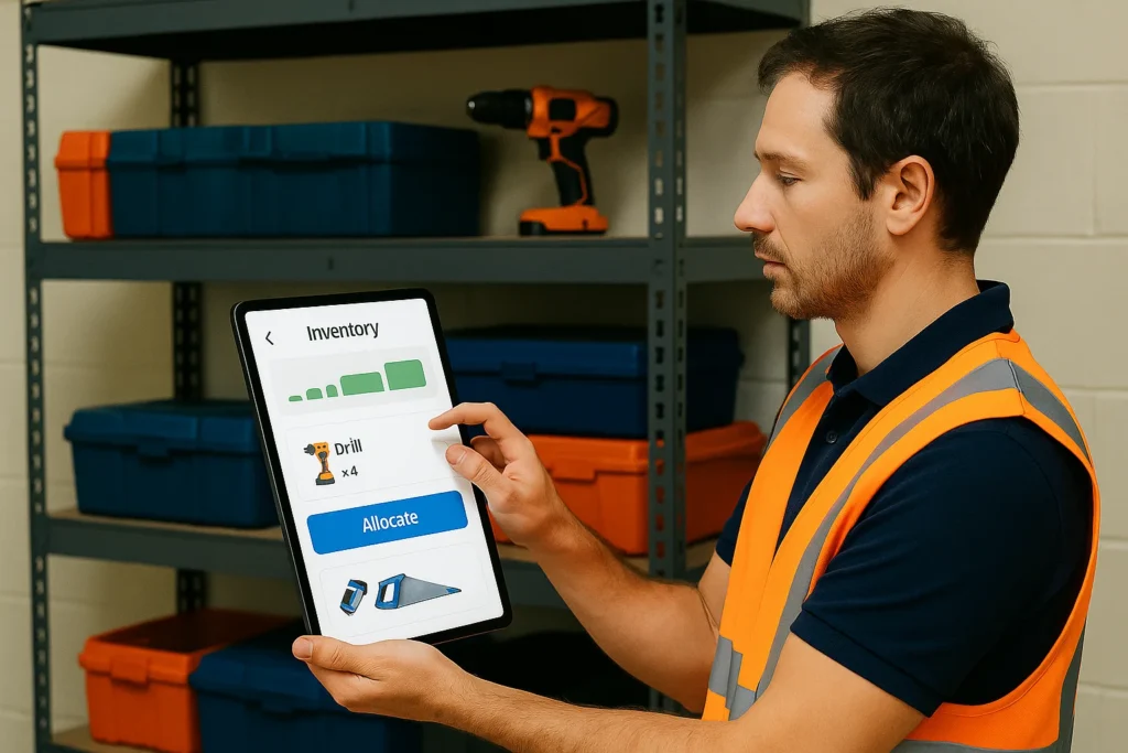 Warehouse worker using a digital tablet to manage inventory and allocate tools on shelves.