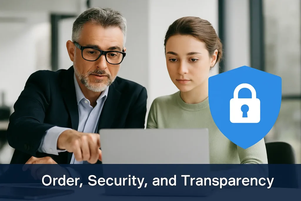 Business professionals discussing data security and system transparency on a laptop.