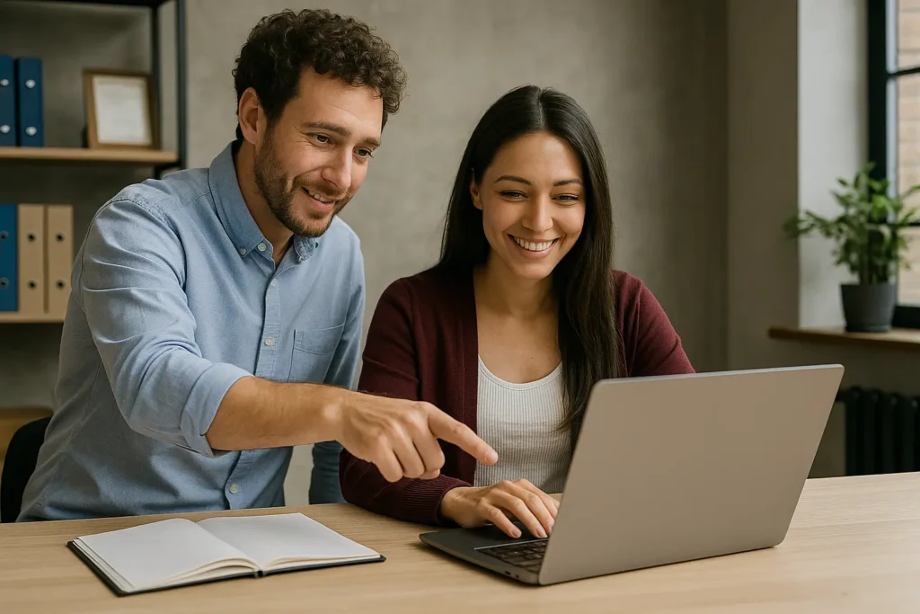 Two colleagues smiling and discussing work while using a laptop in the office.