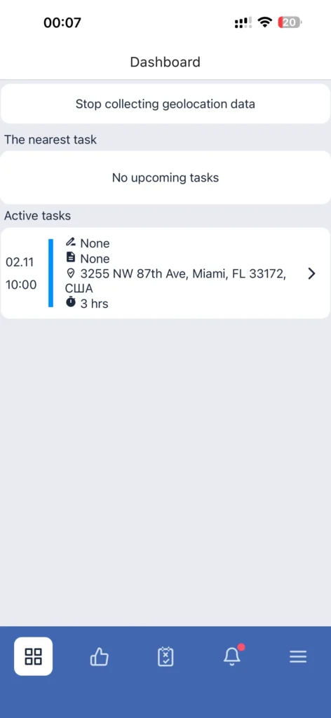 Shifton Field Service dashboard screen showing active task and geolocation control.