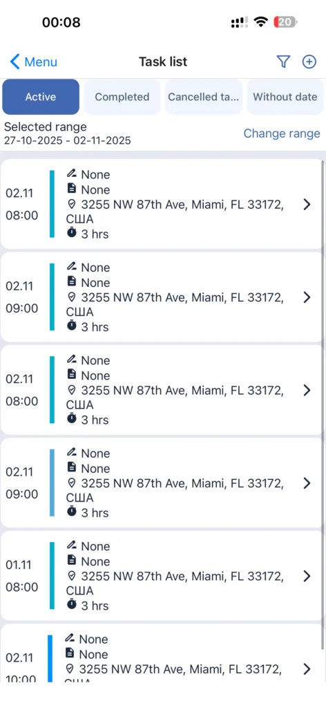 Shifton Field Service mobile app task list screen showing active and completed tasks.