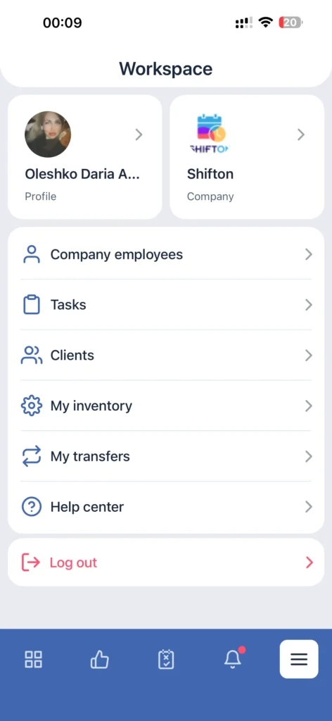 Shifton Field Service workspace screen with employee profile, company info, and navigation menu.
