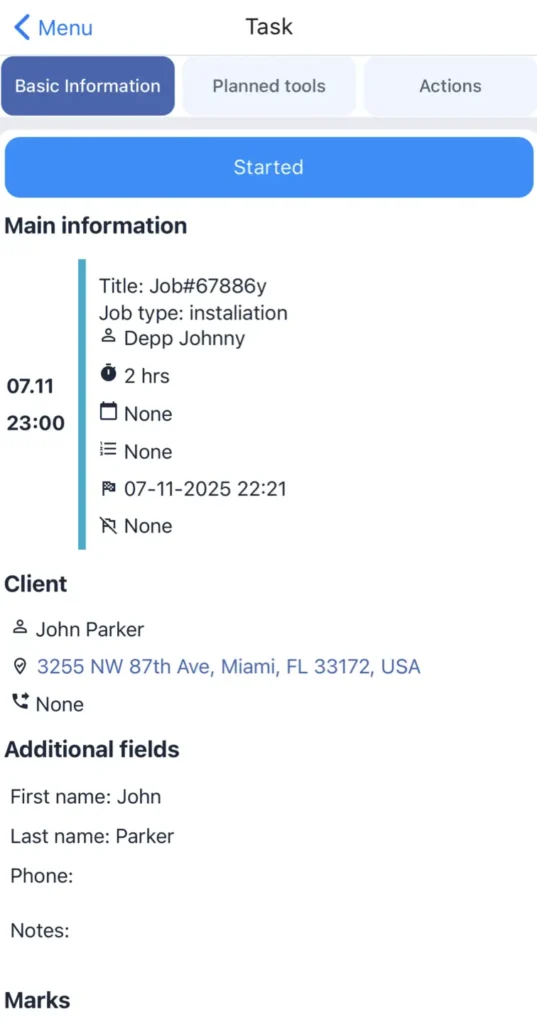 Shifton mobile task card — Started; installation job with assignee Depp Johnny and client John Parker (Miami address)