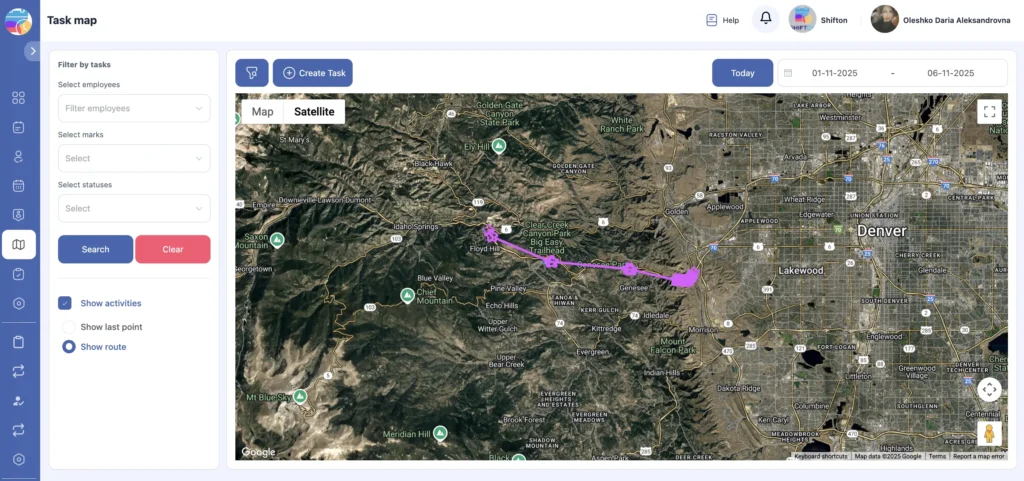 Route tracking on Shifton Task Map (Satellite) with purple track, last point, and employee filters