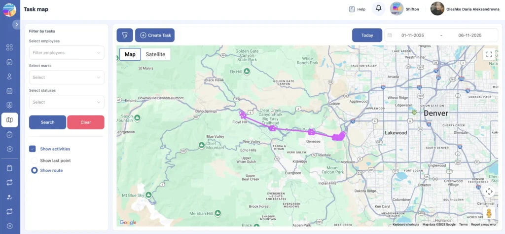 Shifton Task Map with purple route track, filters, and date range