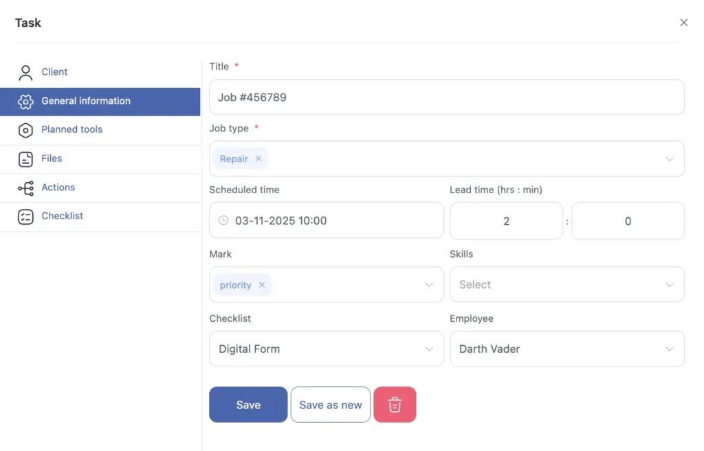 Shifton task form showing Job #456789 (Repair), scheduled 03-11-2025 10:00, 2h lead time, priority mark, Digital Form checklist, assigned employee
