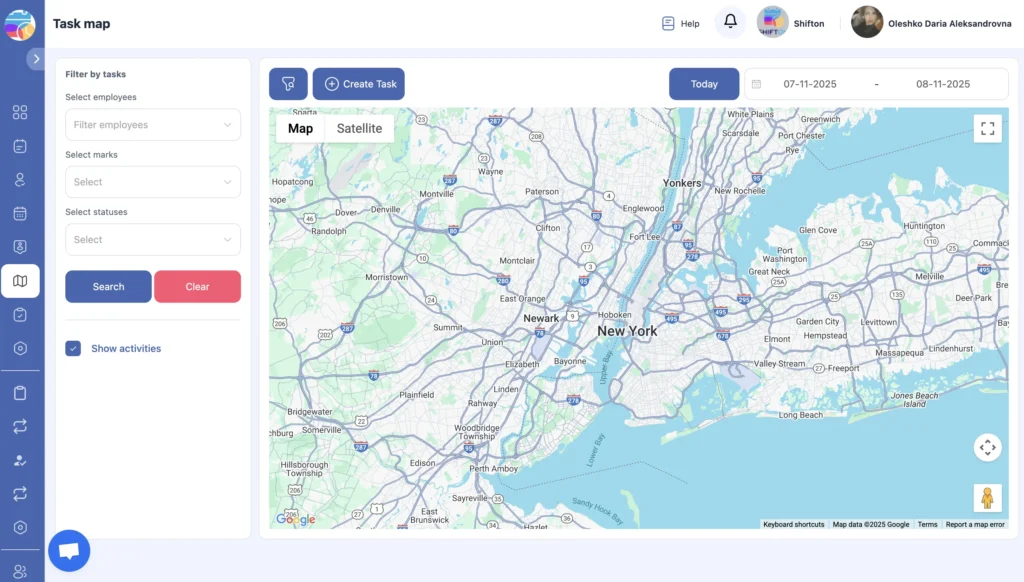 Home Page Live task map in Shifton showing field technicians on Google Map with filters and date range