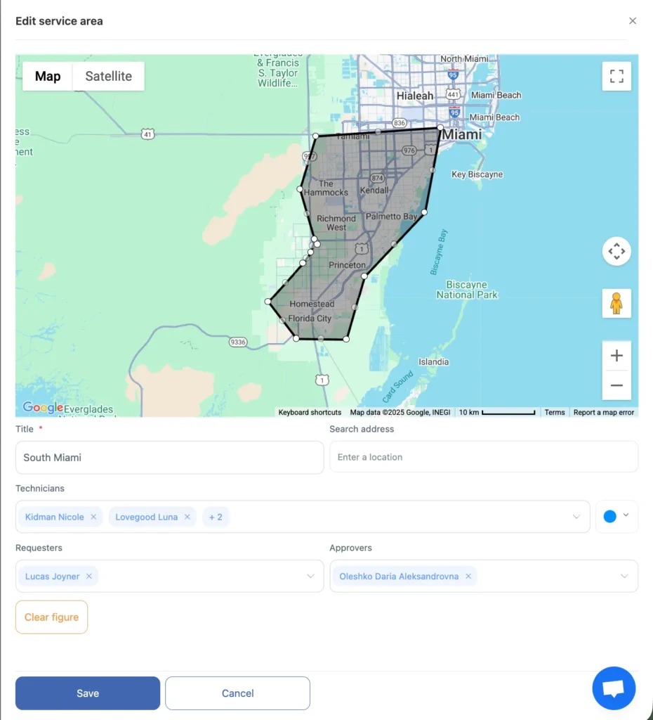 Service area map outlining South Miami region covered by Shifton Field Service team.