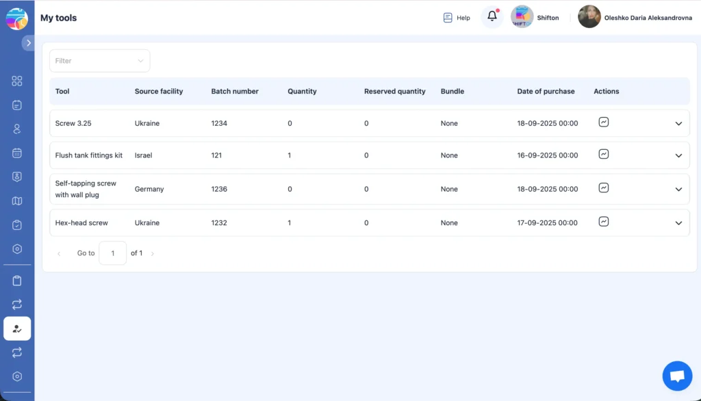 Screenshot of the Shifton My Tools page displaying a list of tools with source facility, batch number, quantity, and date of purchase details.