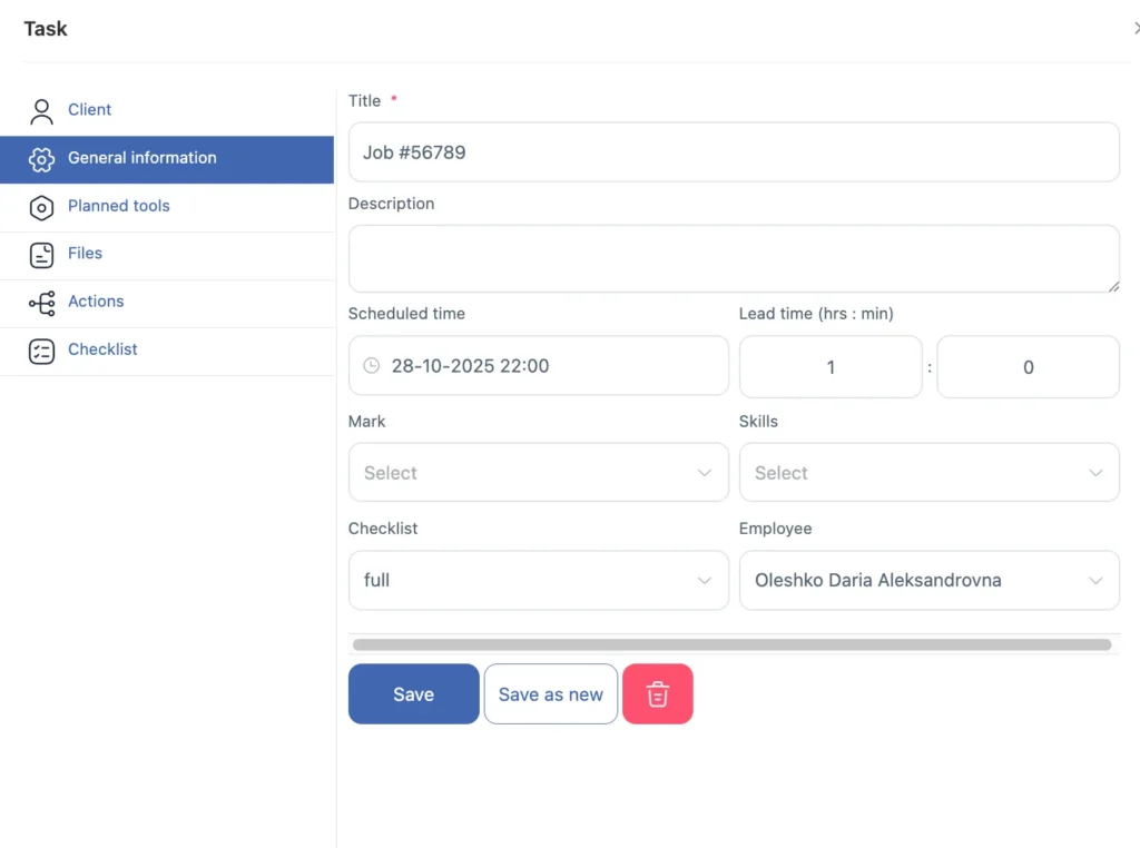 Screenshot of Shifton task creation form showing job details, schedule time, checklist options, and assigned employee