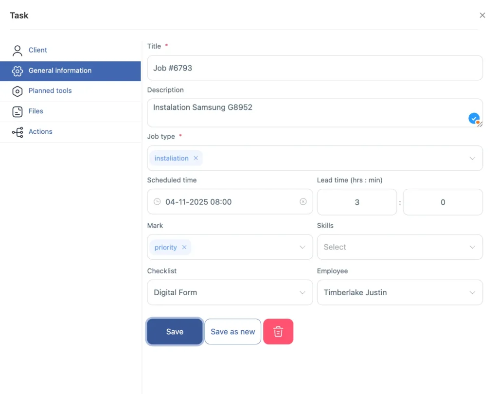 Screenshot of Shifton task details page showing job scheduling form with client information, task description, and assigned employee