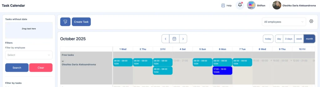 Screenshot of the Shifton task calendar showing employee work shifts and task schedules for October 2025