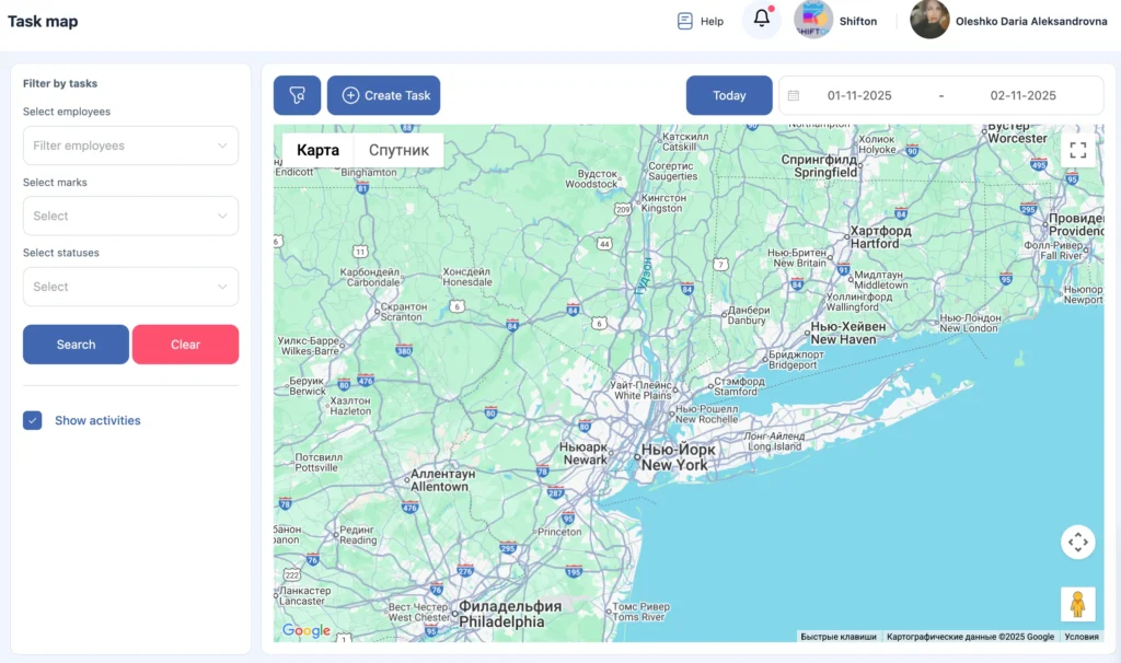 Real-time task map in Shifton showing field service jobs and employee activity on a live Google Map in the New York and Philadelphia area.