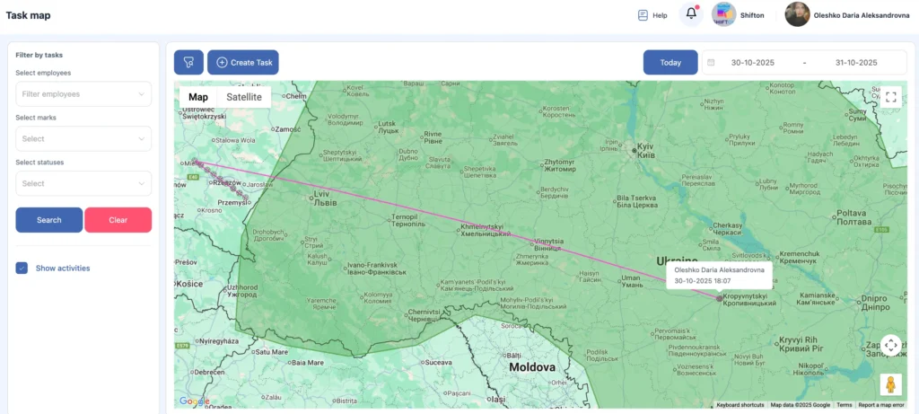 Screenshot of the Shifton task map showing employee task locations and routes across Ukraine