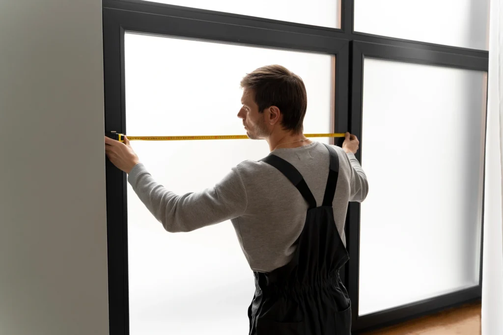 Technician installing a double-glazed window frame in a residential building