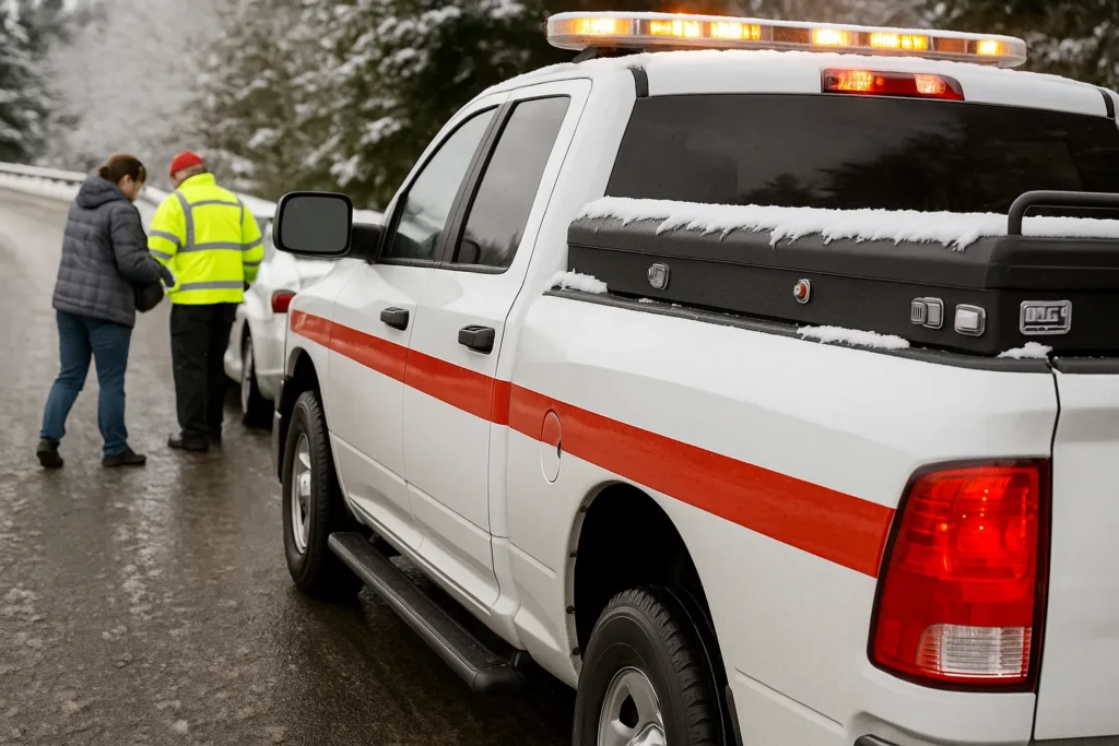 Roadside assistance technician helping a driver with a vehicle breakdown