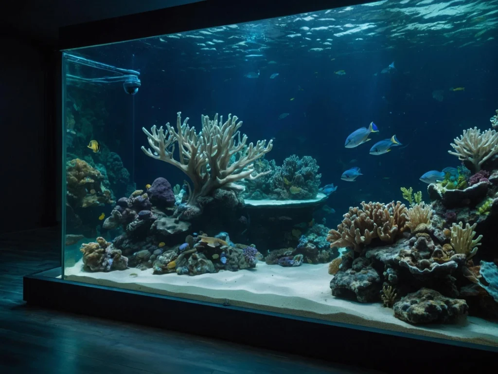 Technician cleaning a large aquarium with aquatic plants and colorful fish