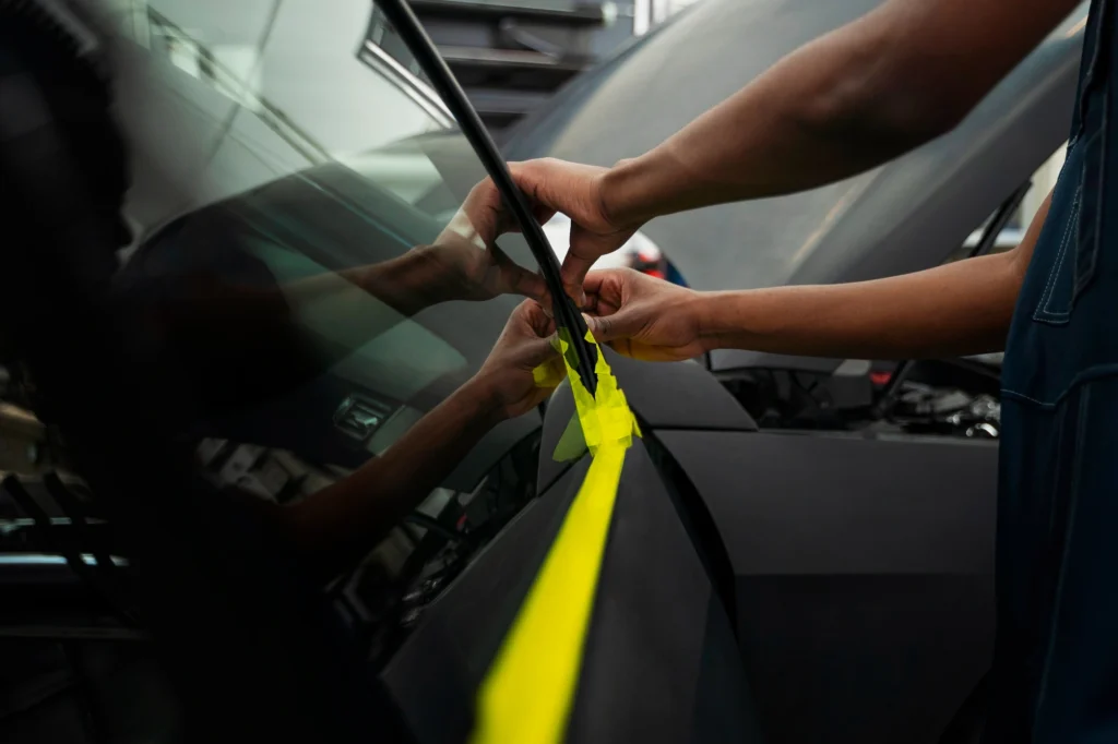 Technician applying window tinting film to a car door — professional field service installation